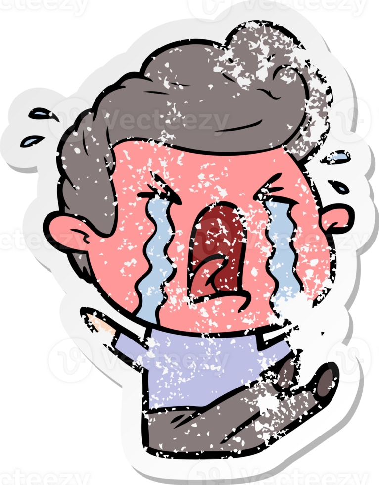 distressed sticker of a cartoon crying man png