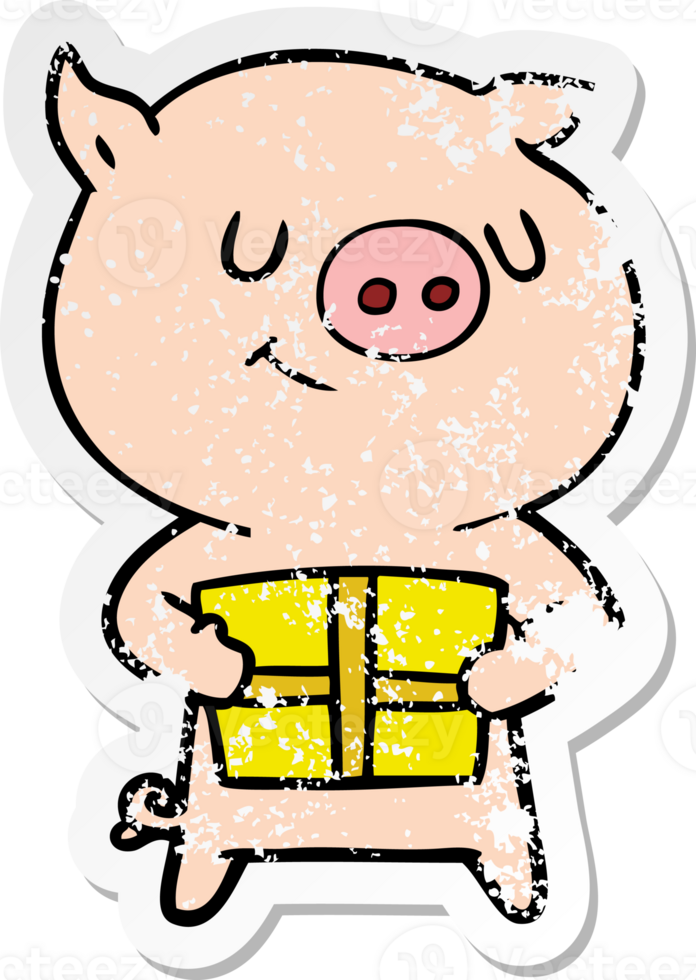 distressed sticker of a happy cartoon pig with christmas present png