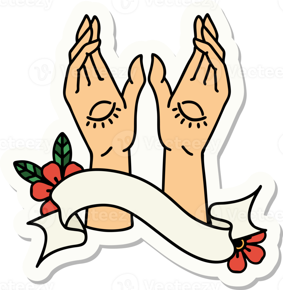 tattoo style sticker with banner of mystic hands png