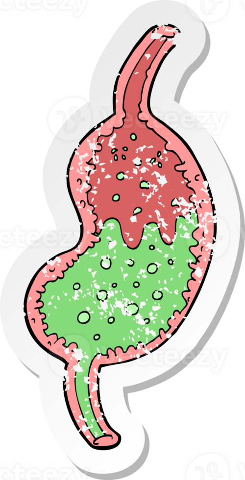 retro distressed sticker of a cartoon bubbling stomach png