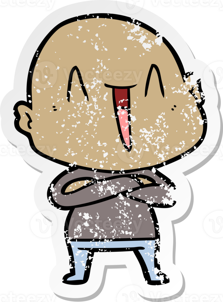 distressed sticker of a happy cartoon bald man png