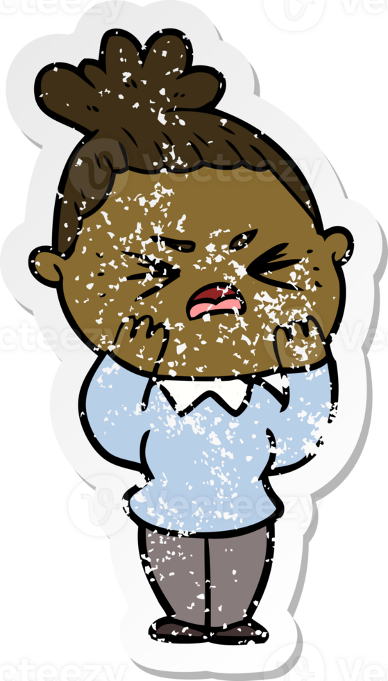 distressed sticker of a cartoon angry woman png