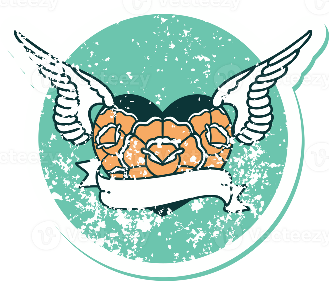 distressed sticker tattoo style icon of a flying heart with flowers and banner png