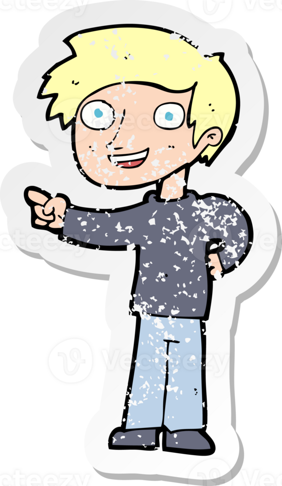 retro distressed sticker of a cartoon man pointing png