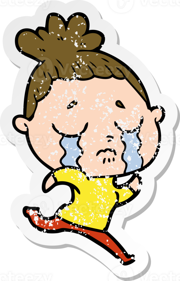 distressed sticker of a cartoon crying woman running away png