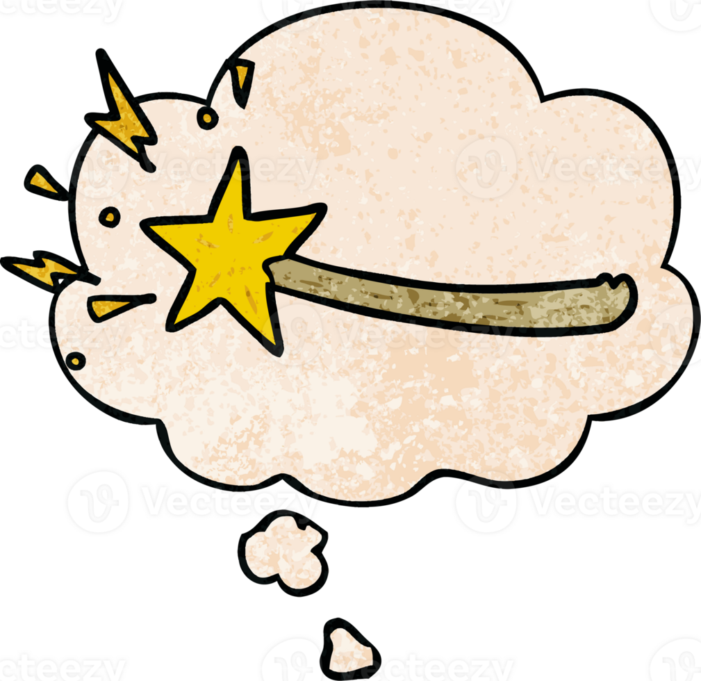cartoon magic wand and thought bubble in grunge texture pattern style png