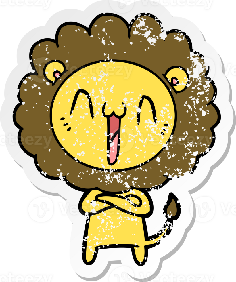 distressed sticker of a happy cartoon lion png