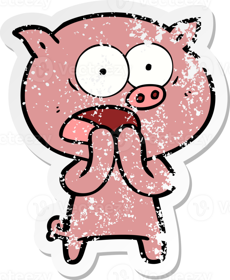 distressed sticker of a cartoon pig shouting png