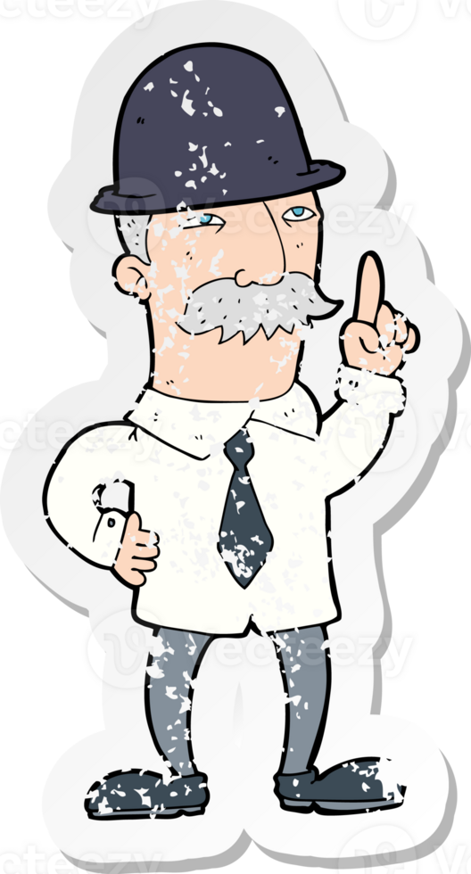 retro distressed sticker of a cartoon man in bowler hat png
