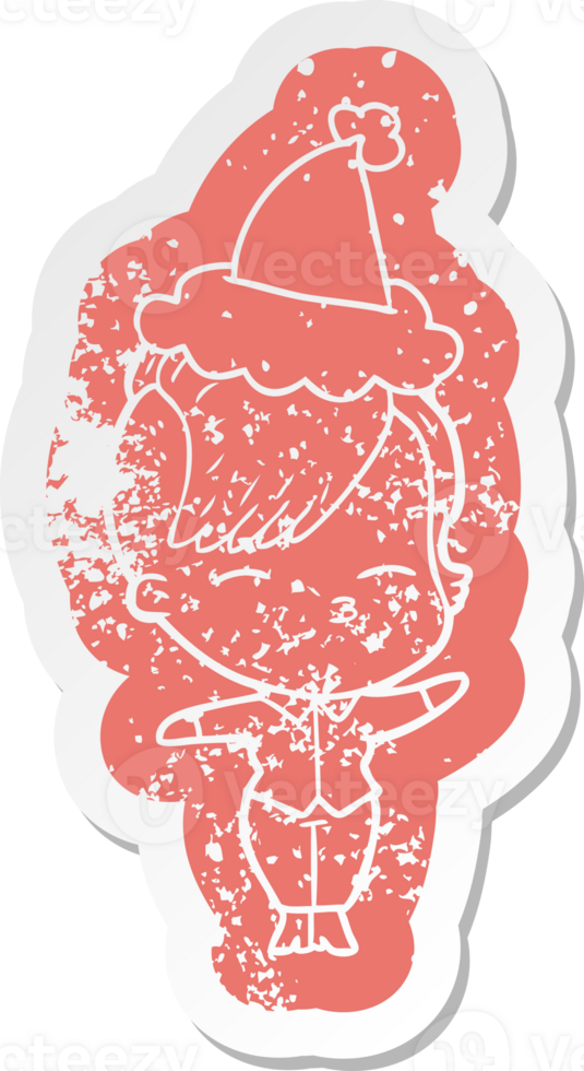 cartoon distressed sticker of a squinting girl wearing santa hat png