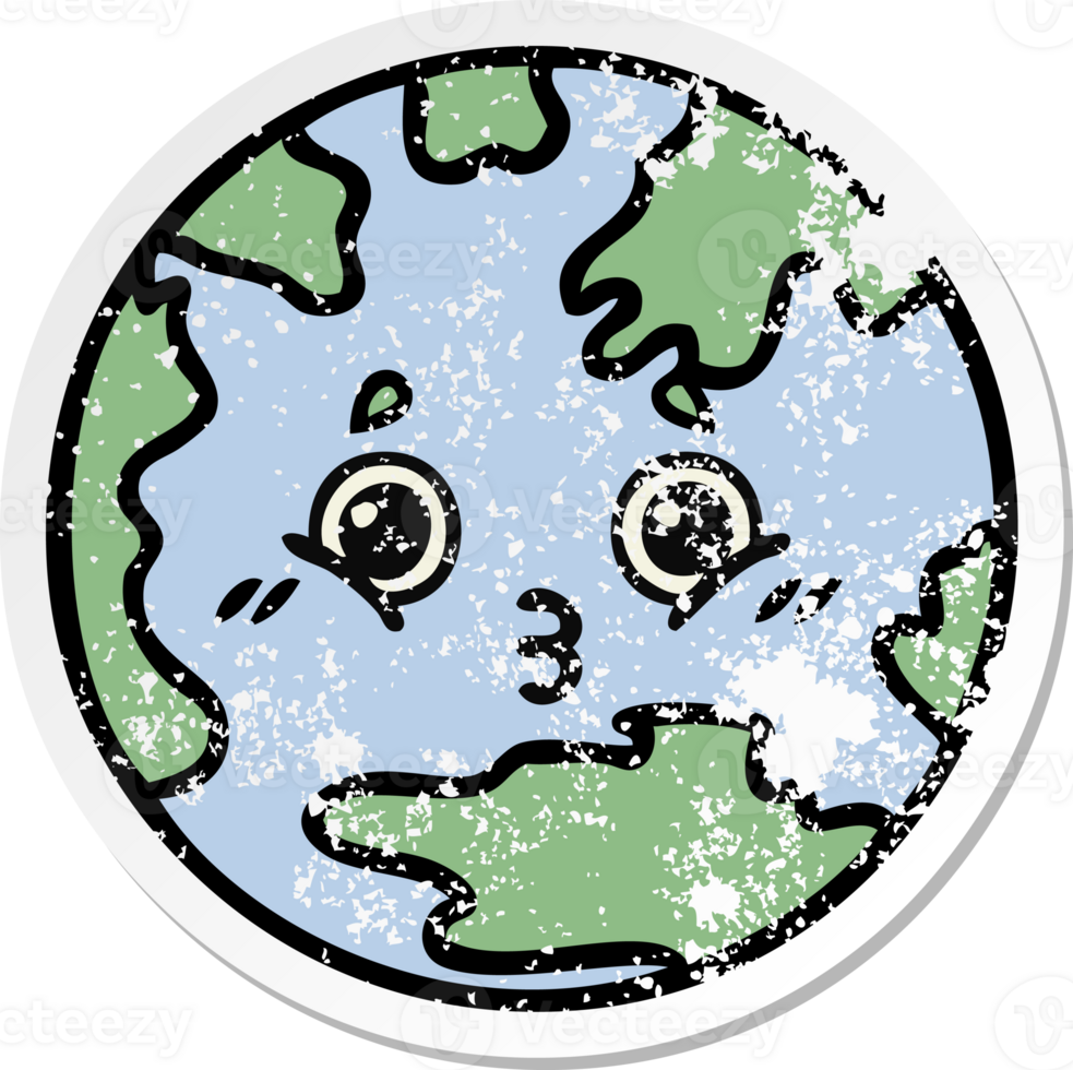 distressed sticker of a cute cartoon planet earth png