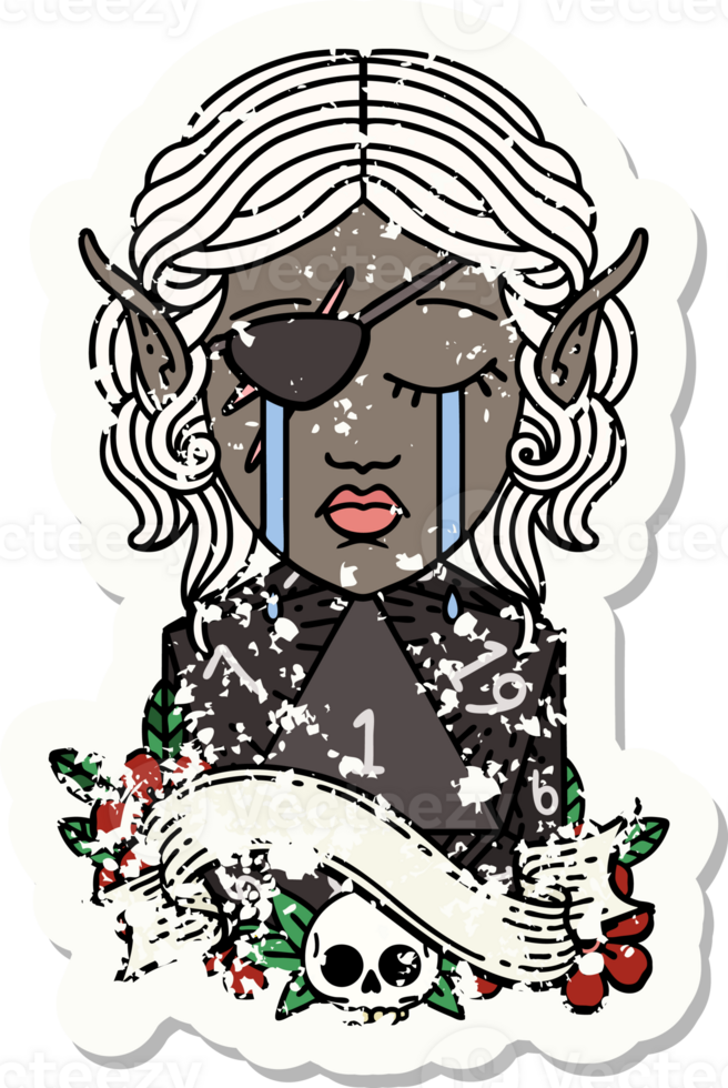 sad elf rogue character face with natural one d20 roll illustration png