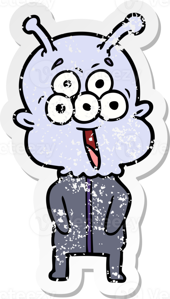 distressed sticker of a happy cartoon alien png