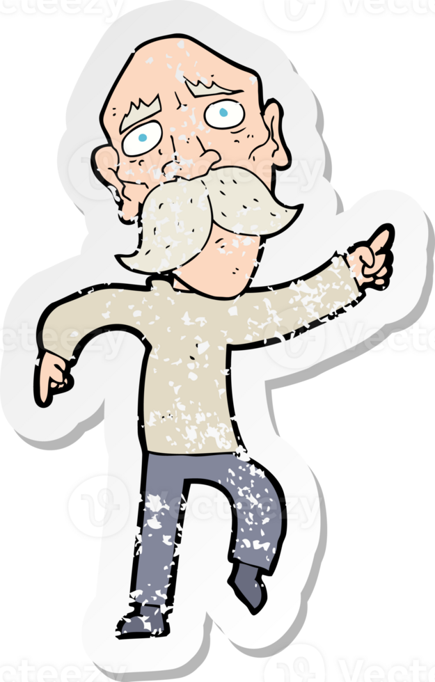 retro distressed sticker of a cartoon sad old man pointing png