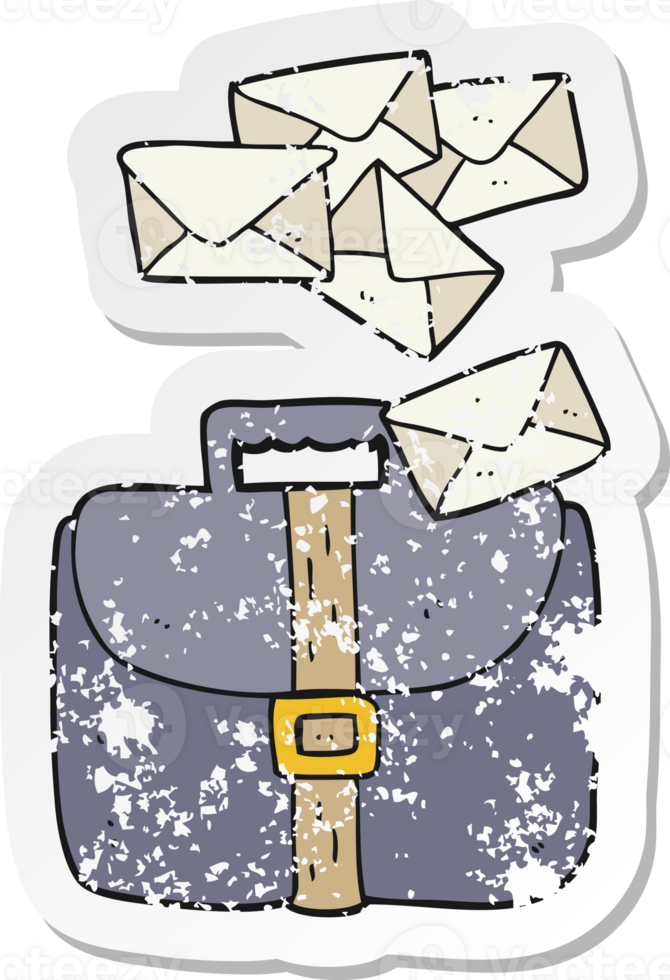 retro distressed sticker of a cartoon briefcase spilling letters png