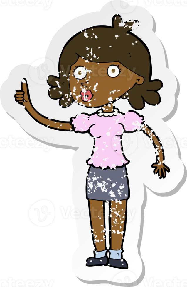 retro distressed sticker of a cartoon woman with idea png