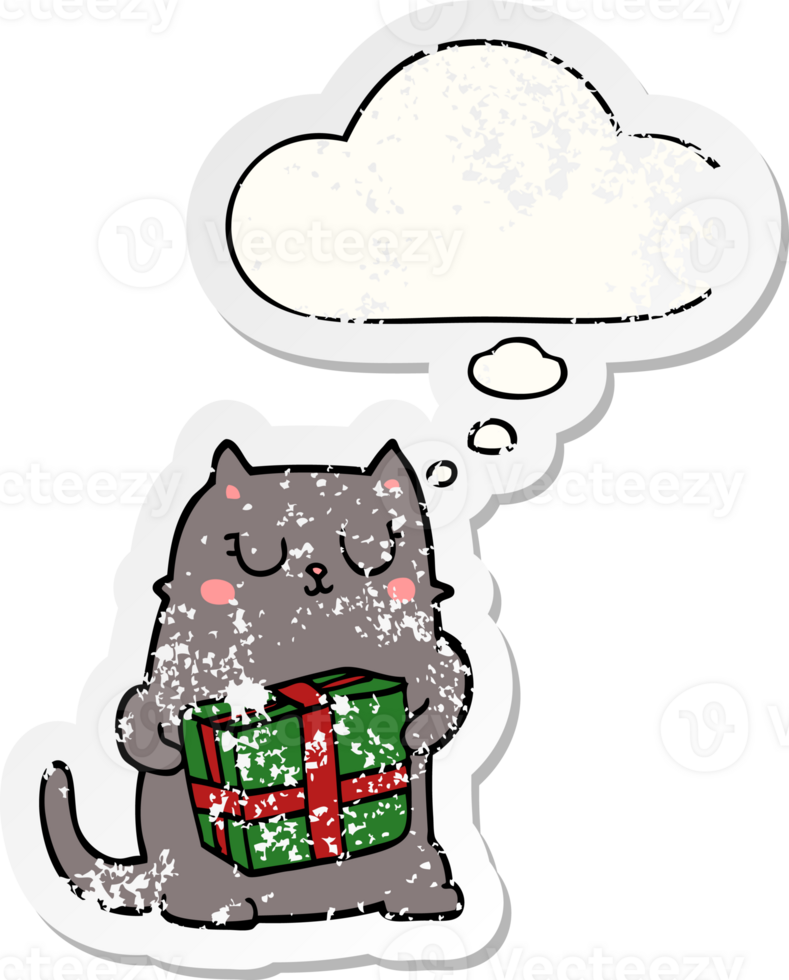 cartoon christmas cat and thought bubble as a distressed worn sticker png