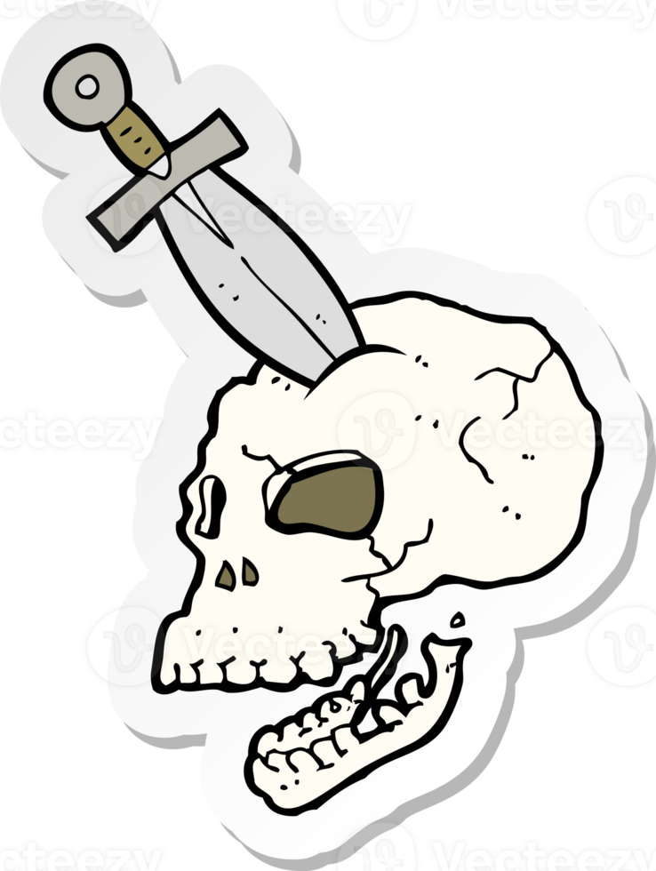 sticker of a cartoon dagger stuck in skull png