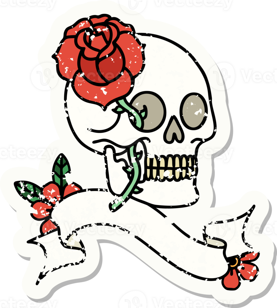grunge sticker with banner of a skull and rose png