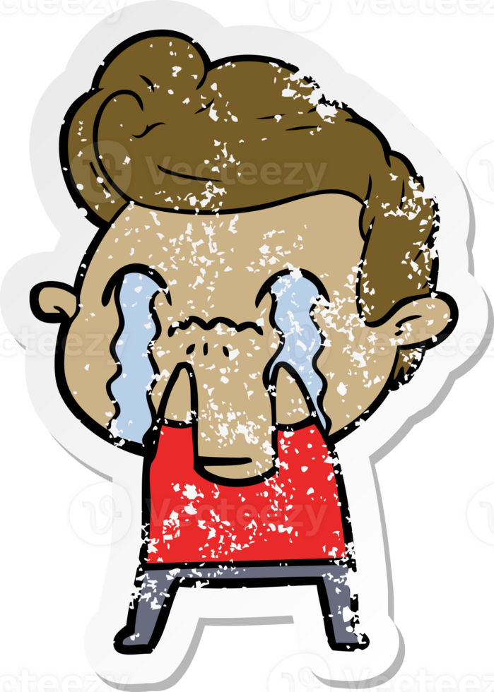 distressed sticker of a cartoon man crying png