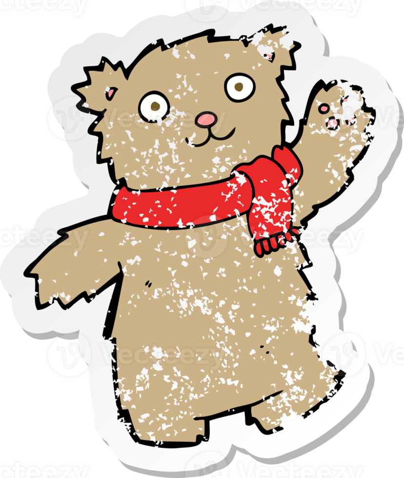 retro distressed sticker of a cartoon teddy bear wearing scarf png
