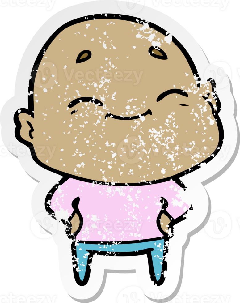 distressed sticker of a cartoon happy bald man png