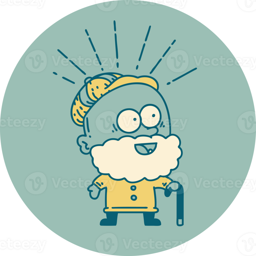 icon of tattoo style happy old man with walking stick png
