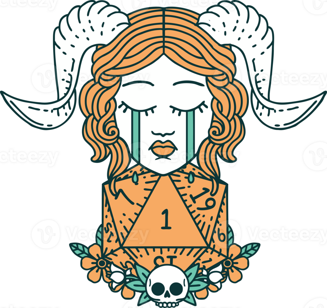 sad tiefling with natural one d20 dice roll illustration png