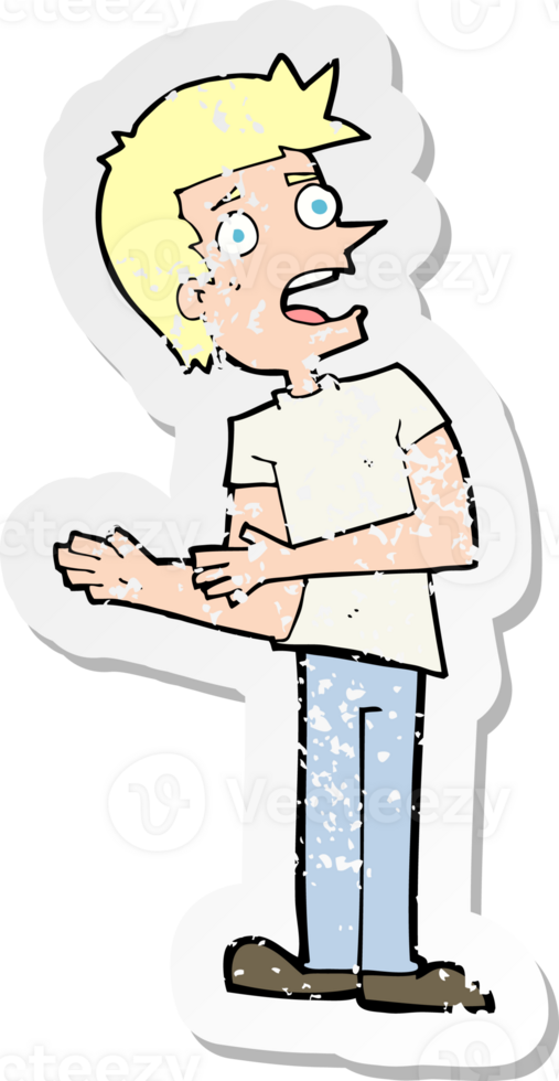 retro distressed sticker of a cartoon man making excuses png