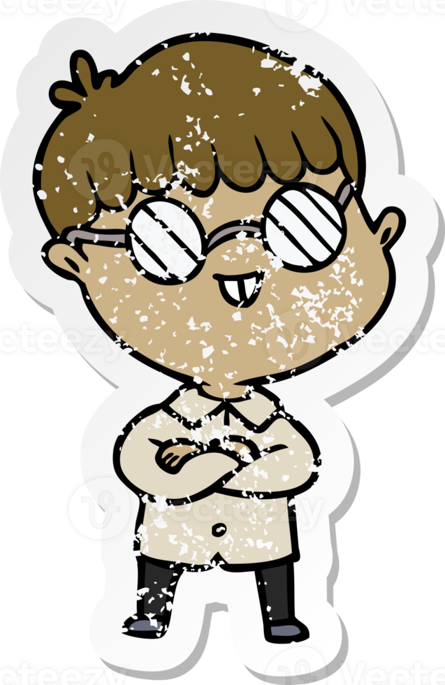 distressed sticker of a cartoon boy wearing spectacles png
