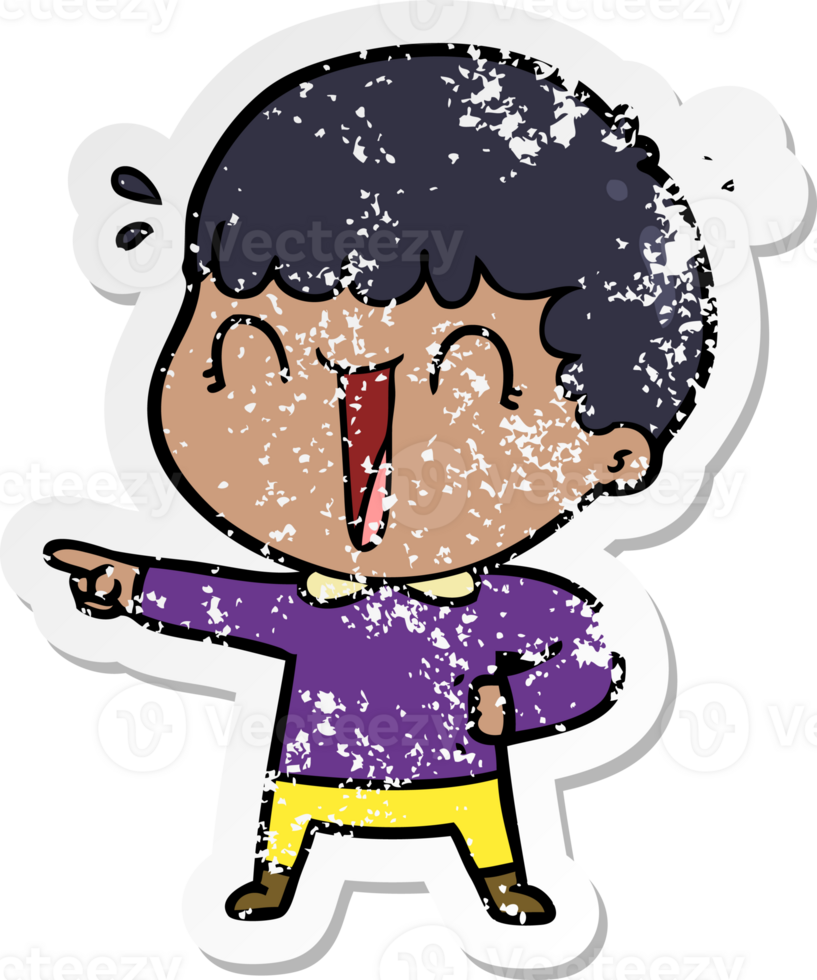 distressed sticker of a laughing cartoon man pointing finger png