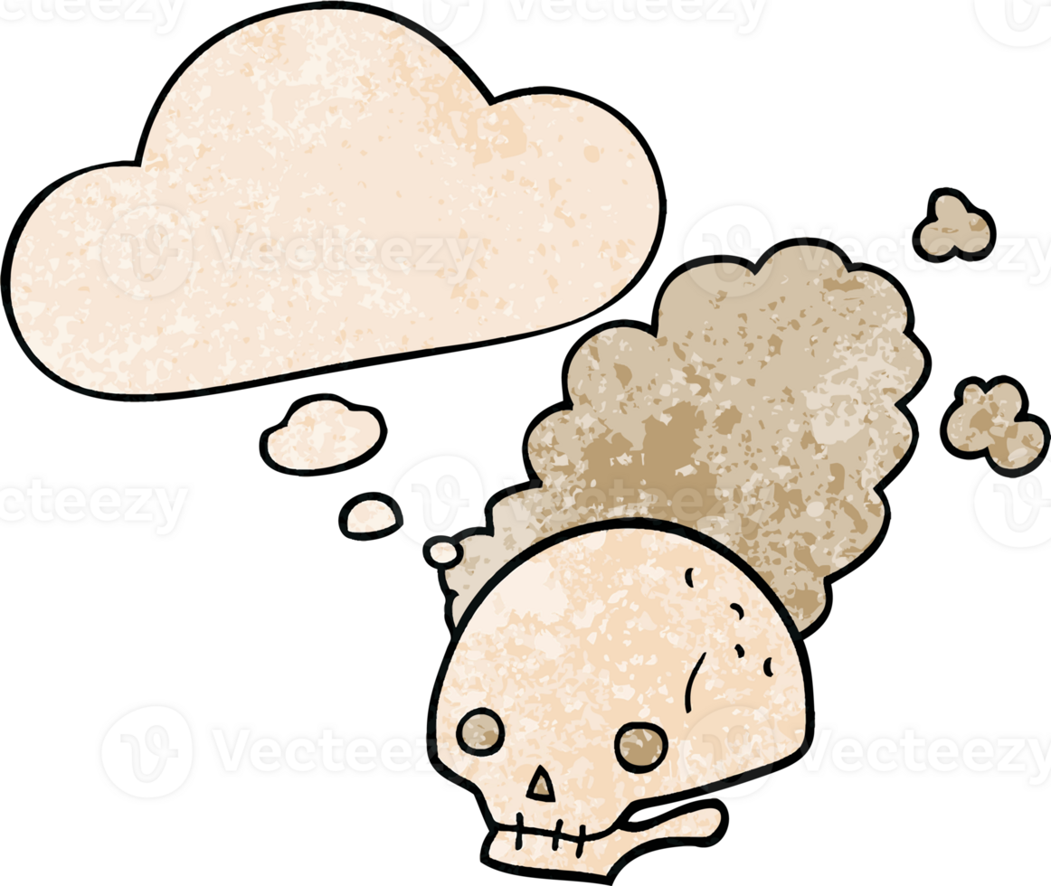 cartoon dusty old skull and thought bubble in grunge texture pattern style png