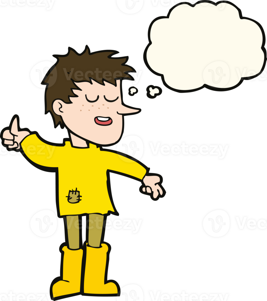 cartoon poor boy with positive attitude with thought bubble png