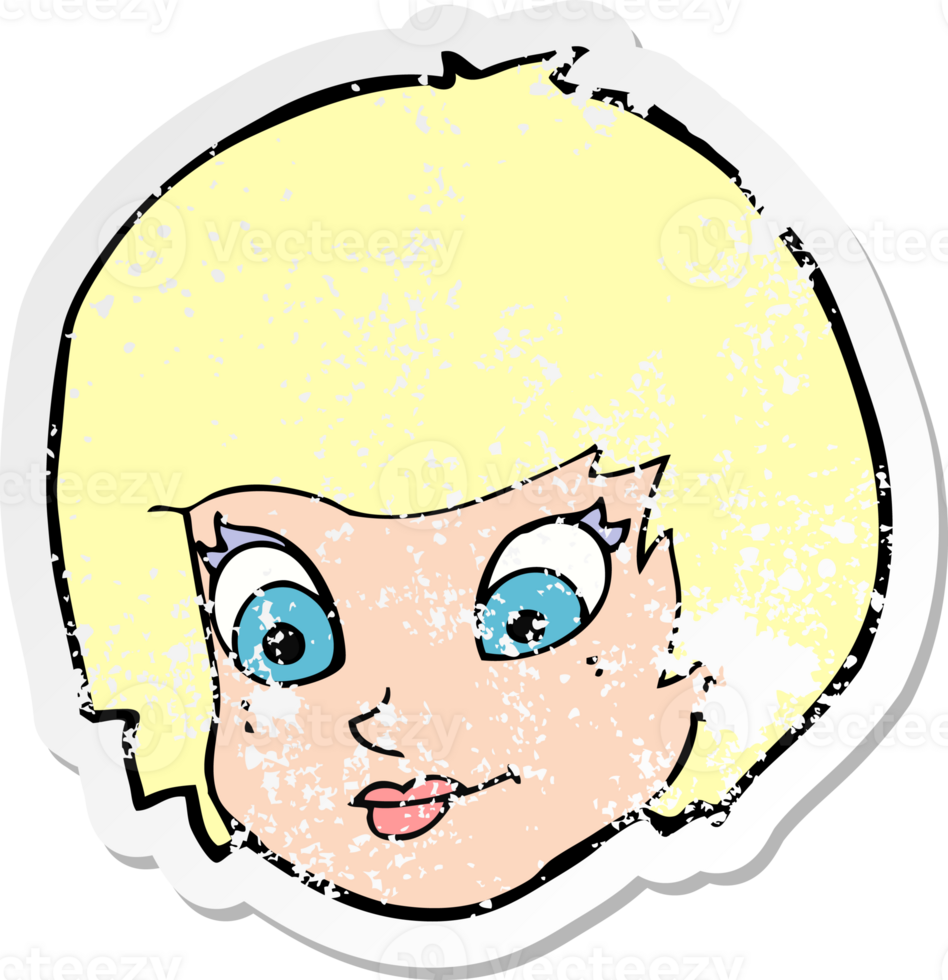 retro distressed sticker of a cartoon female face png