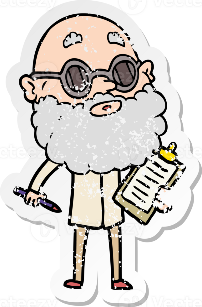 distressed sticker of a cartoon curious man with beard and sunglasses png