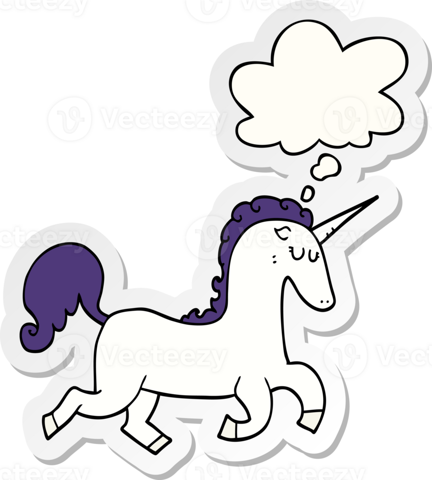 cartoon unicorn and thought bubble as a printed sticker png