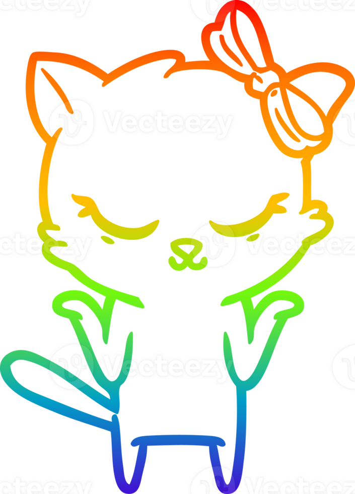 rainbow gradient line drawing cute cartoon cat with bow png