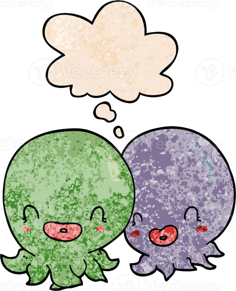 two cartoon octopi  and thought bubble in grunge texture pattern style png