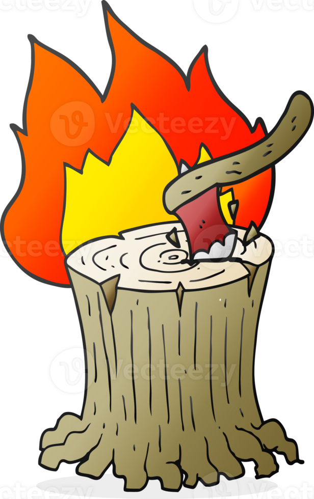 cartoon axe in flaming tree stump png