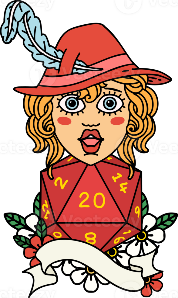 human bard with natural twenty dice roll illustration png
