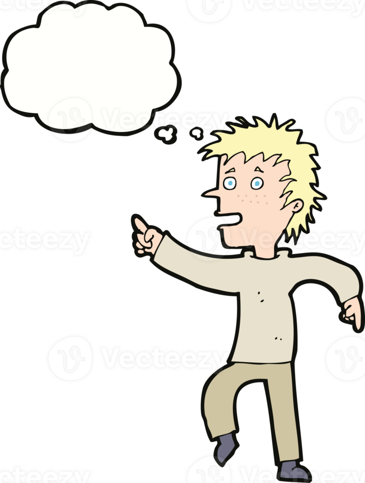 cartoon happy man pointing with thought bubble png