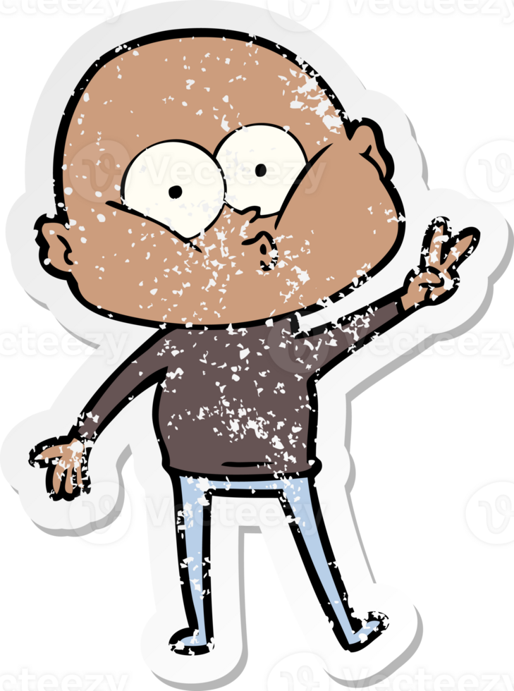 distressed sticker of a cartoon bald man staring png