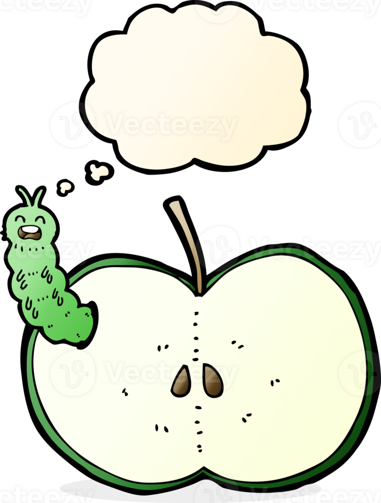 cartoon bug eating apple with thought bubble png