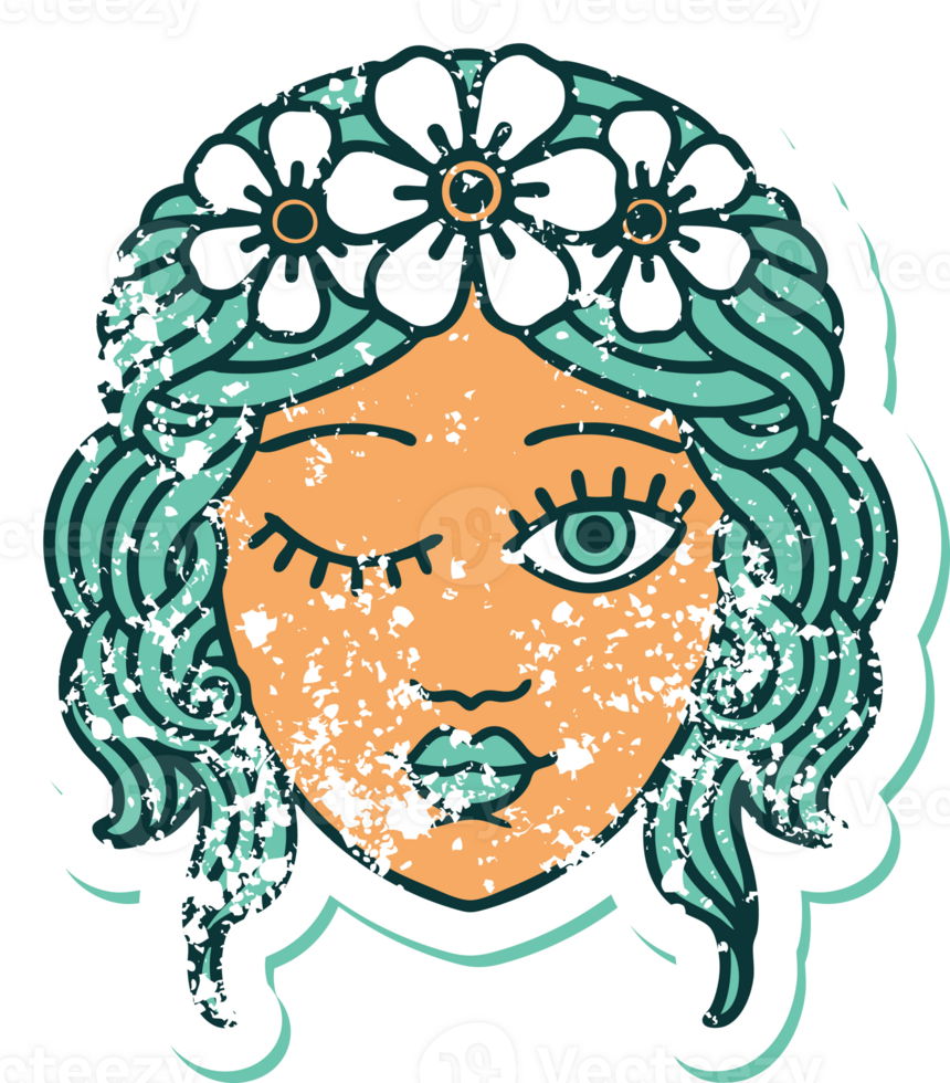 distressed sticker tattoo style icon of a maidens face winking png