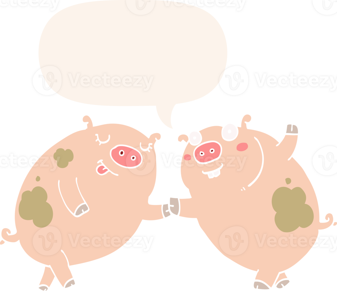 cartoon pigs dancing and speech bubble in retro style png