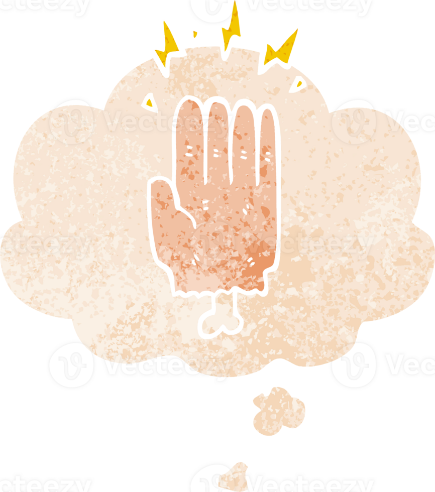 cartoon magic halloween zombie hand and thought bubble in retro textured style png