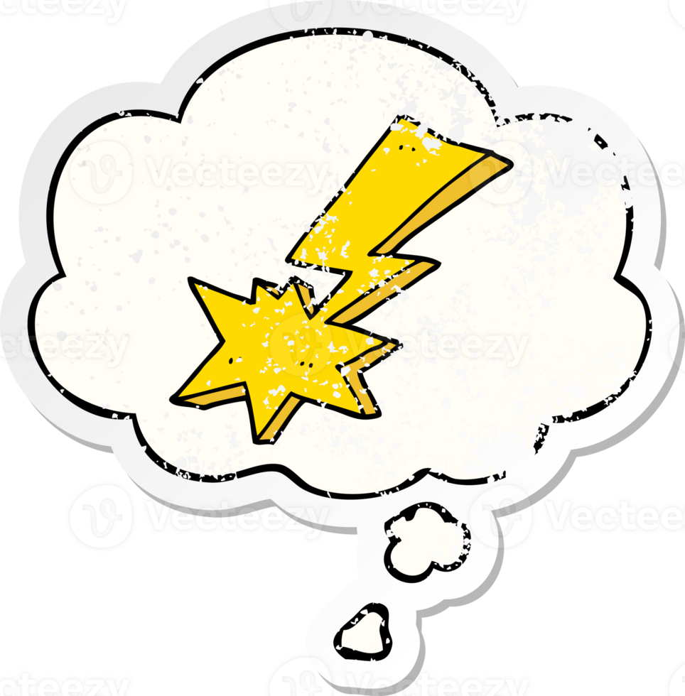 cartoon lightning bolt and thought bubble as a distressed worn sticker png