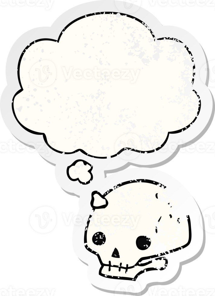 cartoon spooky skull and thought bubble as a distressed worn sticker png