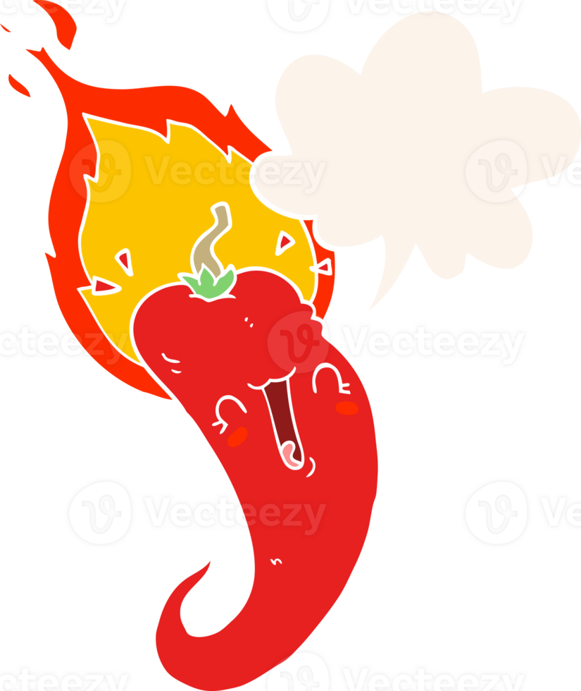 cartoon flaming hot chili pepper and speech bubble in retro style png