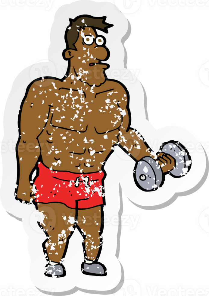 retro distressed sticker of a cartoon man lifting weights png